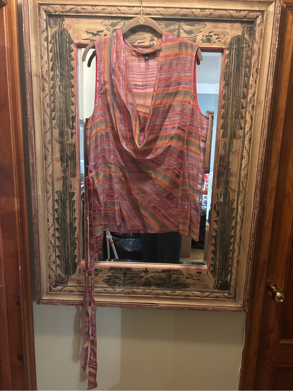 Lafayette 148 New York Striped Sleeveless Draped Tunic in Coral and Pink Multi